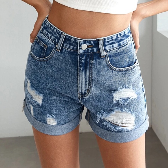 BellanBlue Pants - Distressed Denim Blue Cuff Jean Shorts